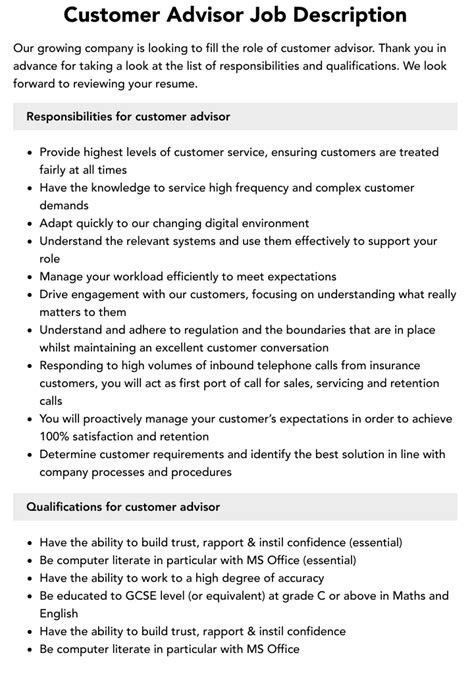 customer advisor job description.